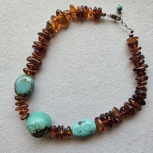 Amber & Turquoise Beaded Necklace 15" Length